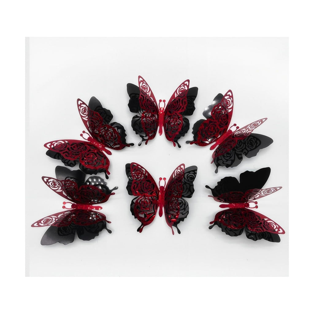 Halloween 3D Butterfly Wall Decor Party Rose Butterfly Sticker Decoration 3.85x4.6 inche Red Black Double Deck Removable Sticker for Birthday Party Backdrop Wedding Photo Booth Decor-6pcs