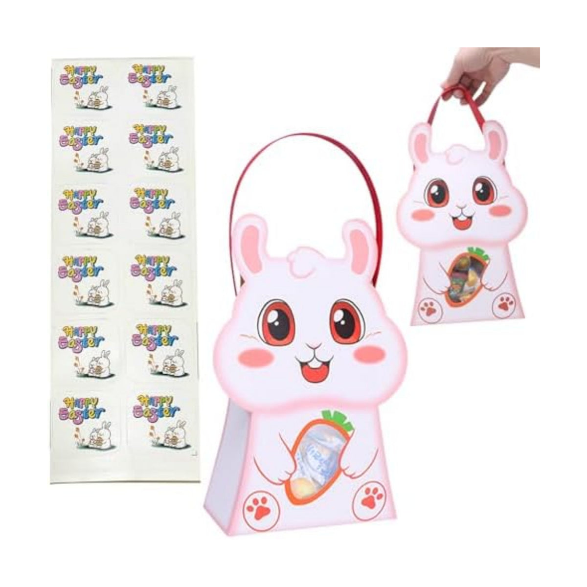 CcXxming 30 PCS Easter Party Favor Bags with Handles，Bunny-Shaped Treat Bags with Window & Stickers (Large)，Paper Goodie Boxes for Kids Egg Hunts