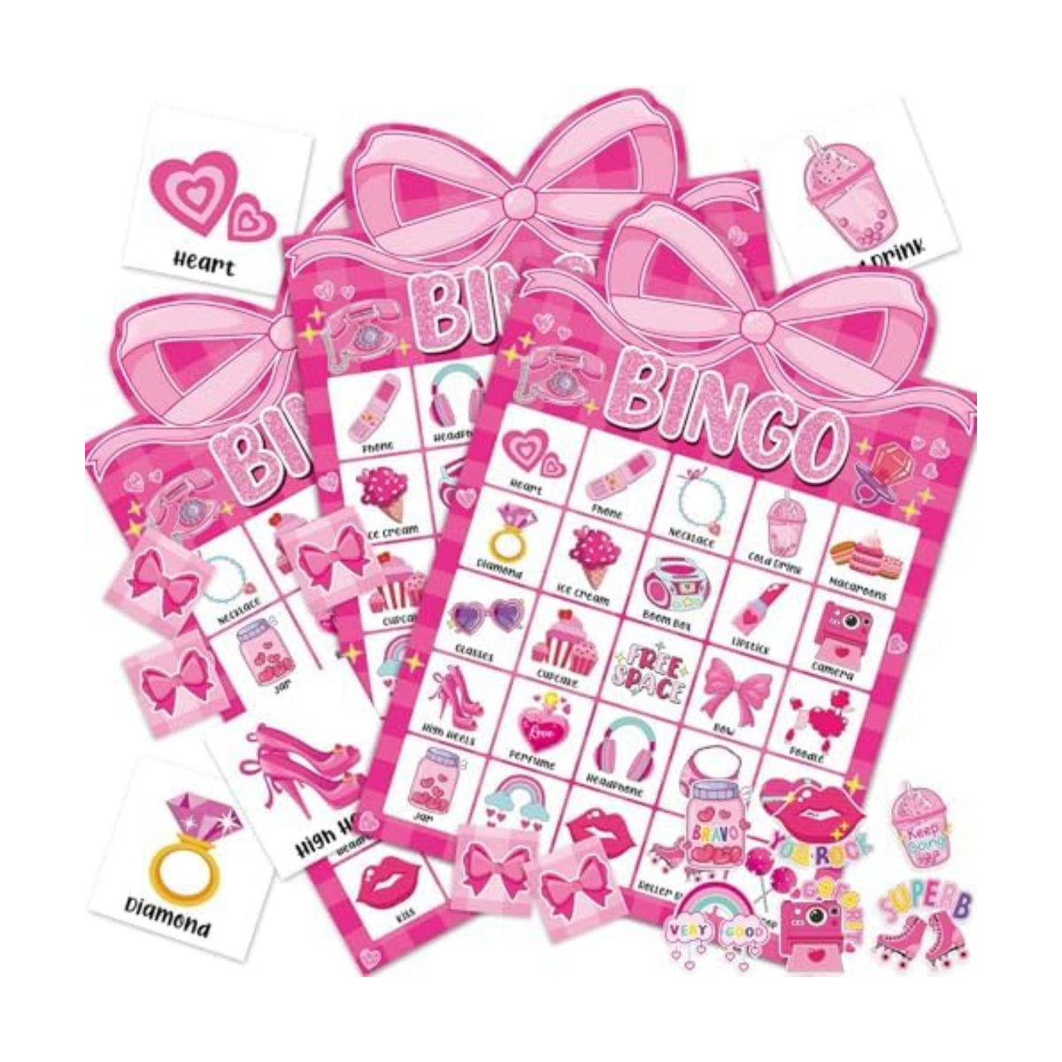 39 Pcs Pink Bow Party Bingo Game for Adults Kids 24 Players Pink Girls Party Bingo Game Cards with Reward Stickers for Family Friends Large Group Gathering Bachelorette Princess Doll Party Favors