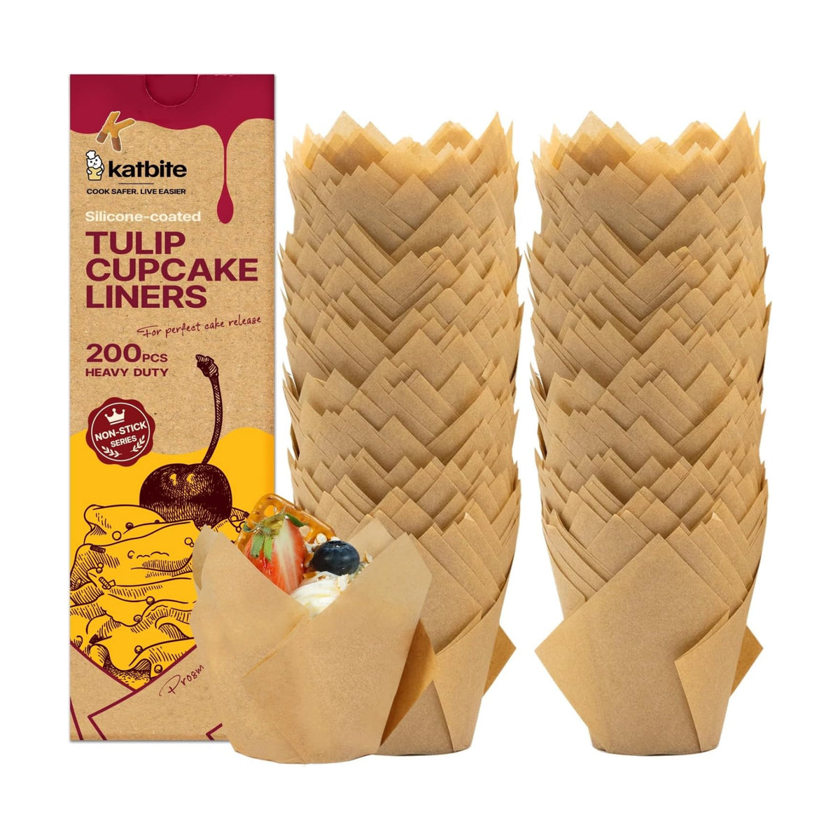 Katbite Tulip Cupcake Liners 200PCS, Standard Size Muffin Baking Cups Brown