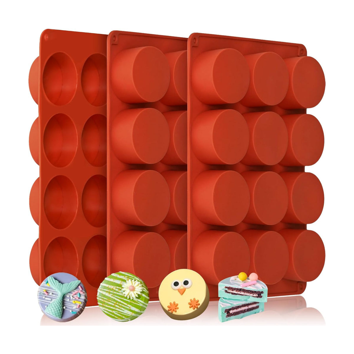 HKNMTT Round Silicone Molds 3 PCS, 12-Cavity 2.1" Round Cylinder Chocolate Covered Cookie Mold, Food Grade Non-Stick Baking Moulds for Candy Handmade Soap Pudding Jello Mini Cake Jelly Brownie