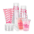 Whaline 50 Pcs 12 Oz Happy Birthday Disposable Plastic Cups with Lids and Straws Hot Pink Cold Beverage Drinking Cups for Home Kitchen Birthday Party Supplies