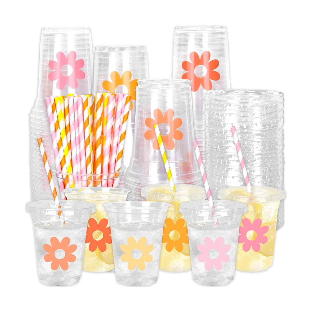 Whaline 60Pcs 12Oz Daisy Disposable Plastic Cups with Lids and Straws Retro Boho Groovy Flower Cold Beverage Drinking Cups for Wedding Birthday Baby Shower