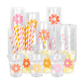Whaline 60Pcs 12Oz Daisy Disposable Plastic Cups with Lids and Straws Retro Boho Groovy Flower Cold Beverage Drinking Cups for Wedding Birthday Baby Shower