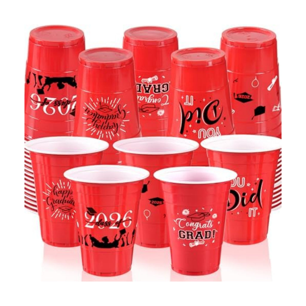 Graduation Decorations 2026 Party Cups - 50pcs 16 Oz Red and Black Disposable Graduation Plastic Cups for School Class of 2026 Grad Celebration Party Favors Supplies (5 Designs)