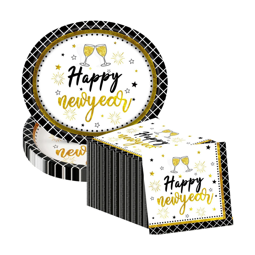 Dereinwo 50 Pcs New Year Paper Plates and Napkins Set