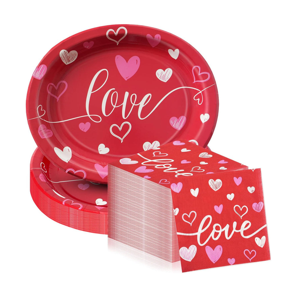 Dereinwo 50 Pcs Valentines Day Paper Plates and Napkins Set