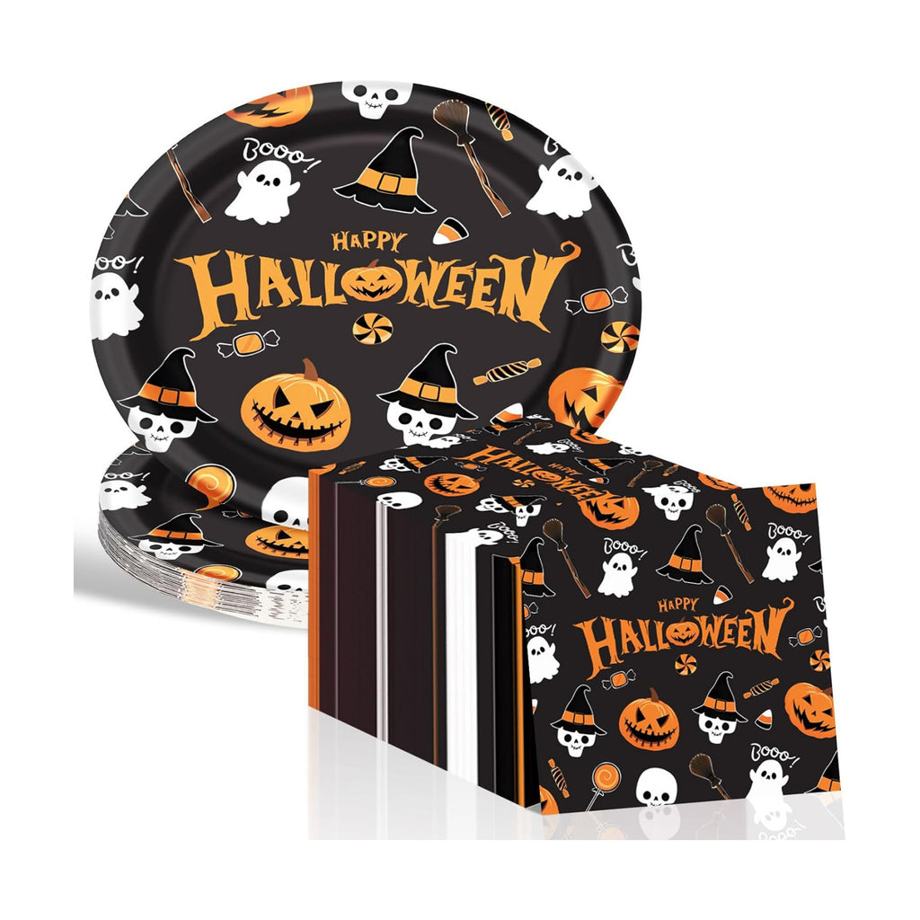 Dereinwo 50 Pcs Halloween Paper Plates and Napkins Set