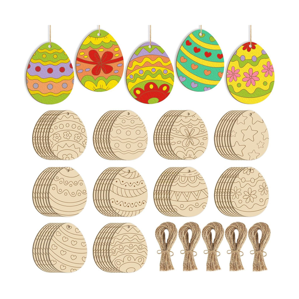 80PCS Wooden Easter Ornaments to Paint, 10 Styles DIY Blank Unfinished Wood Cutouts Ornament for Crafts Hanging Decorations, Egg Rabbit Bunny Butterfly Flower Happy Easter