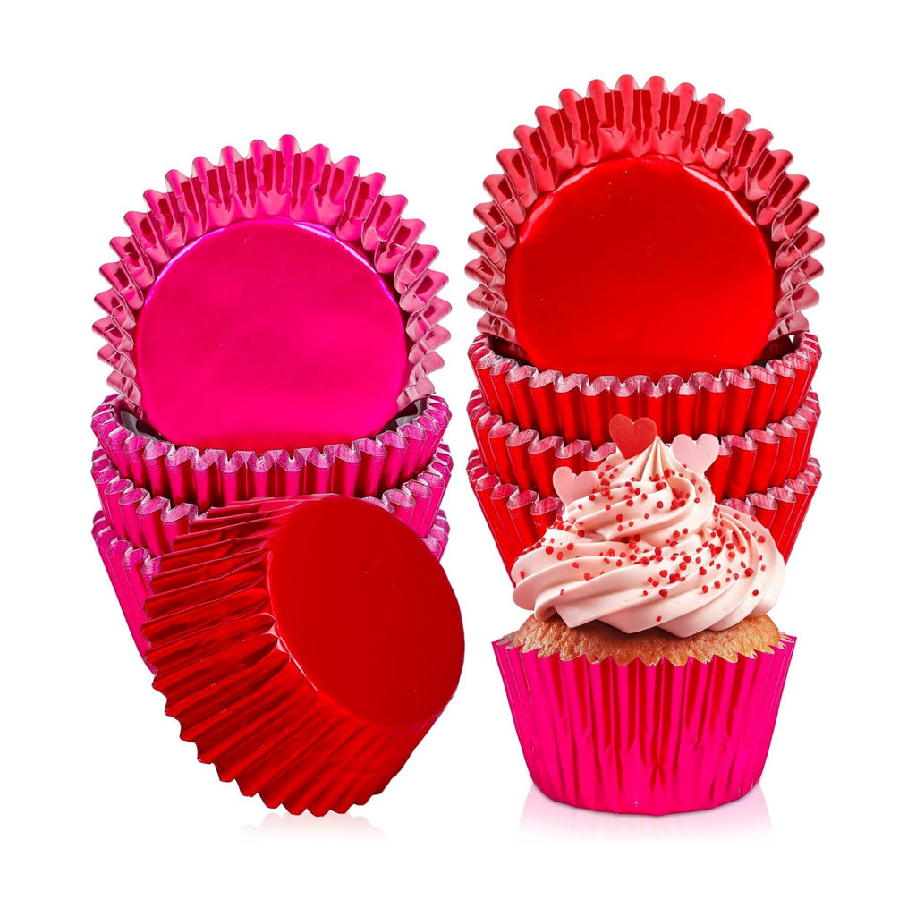 JarThenaAMCS 200Pcs Red Pink Foil Cupcake Liners Foil Metallic Baking Cups Cupcake Wrappers Muffin Liners for Valentine Christmas Birthday Wedding Party Supplies