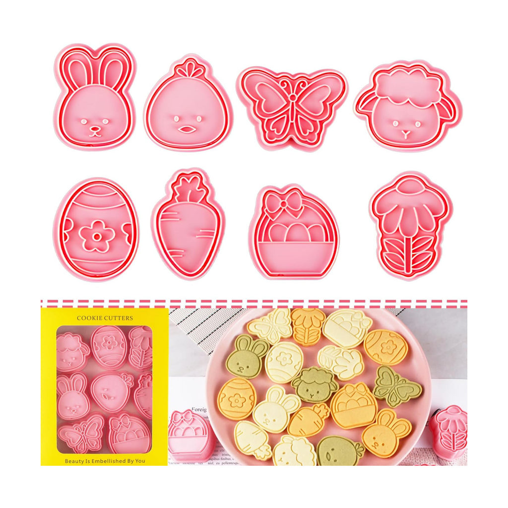 BESEK Easter Cookie Cutters Set: 8 Pcs Embossing Cookie Cutter for Biscuit Fondant Cheese Baking, Easter-Theme patterns