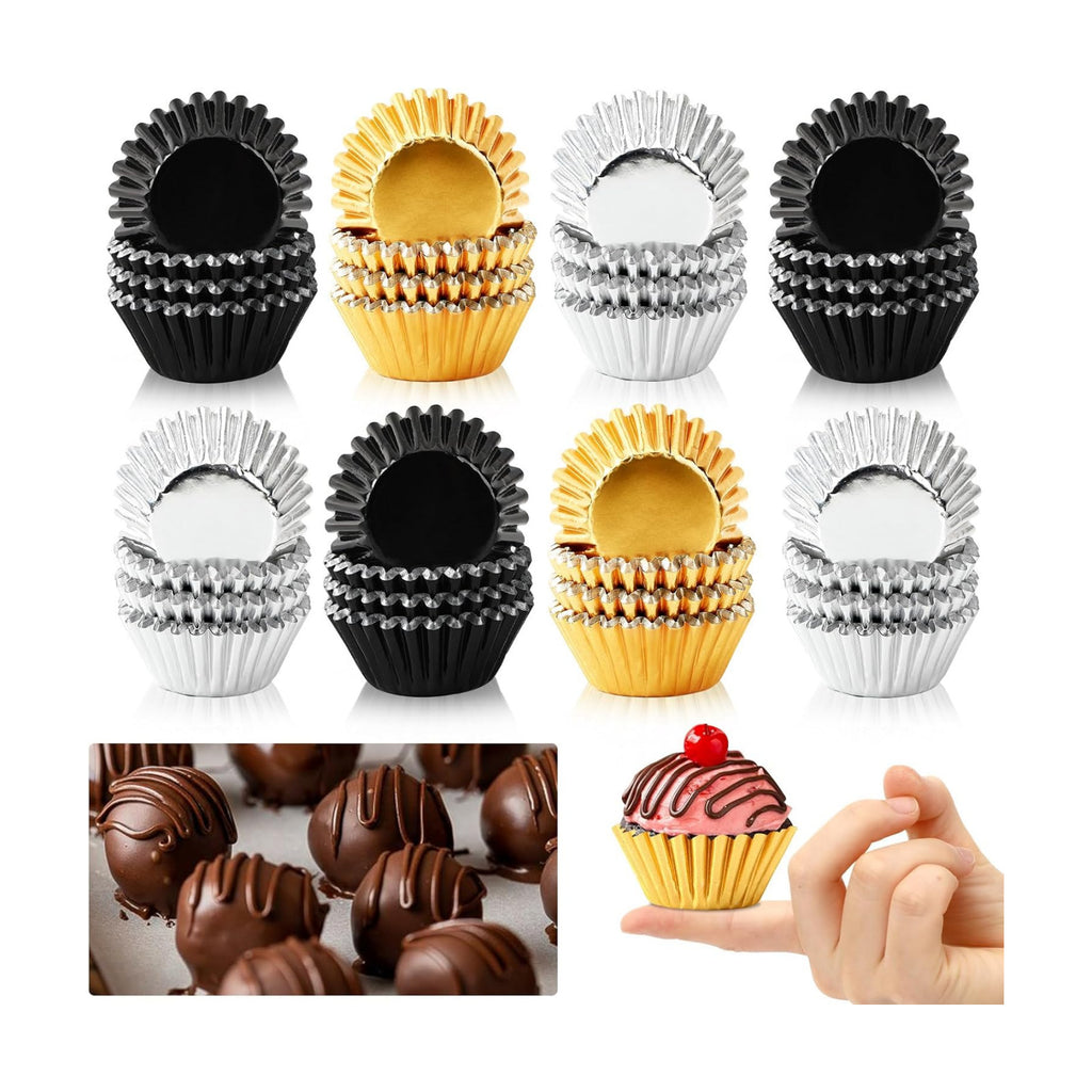 AUGSUN 400pcs Mini Foil Cupcake Liners Golden Silver Black