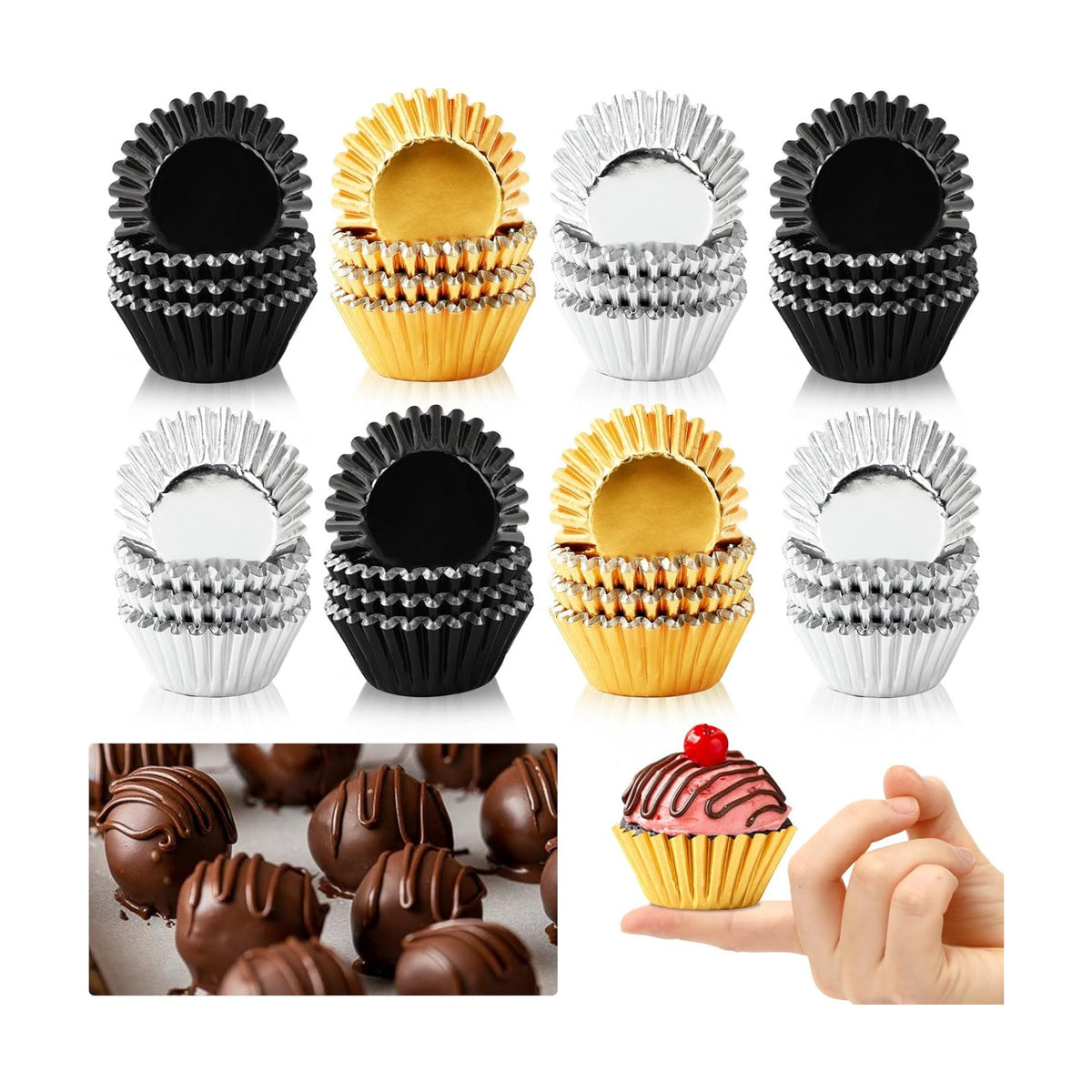 AUGSUN 400pcs Mini Foil Cupcake Liners Golden Silver Black