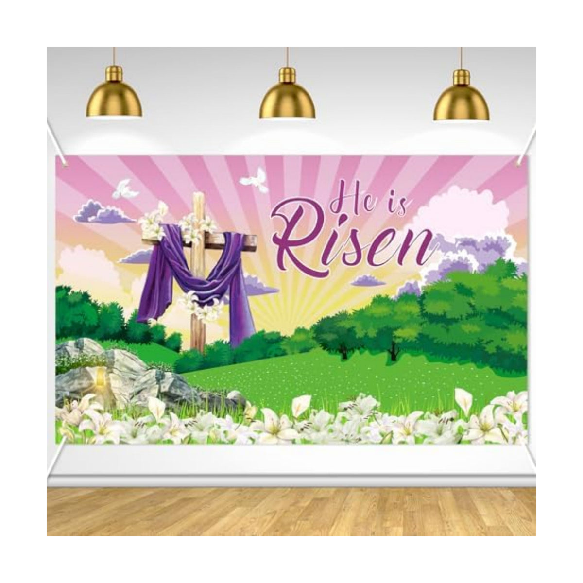 Large He is Risen Easter Banner Decorations Flag Outdoor 72x44 Inch, Cross Sign Christian Jesus Lily Flowers Banner for Indoor Home House Decor Party Supplies, Spring Yard Sign Background for Photography