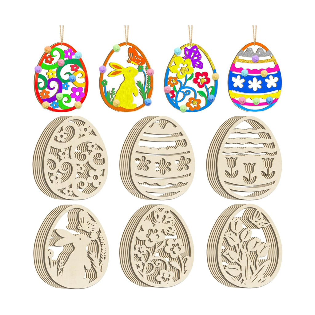 36PCS Wooden Easter Ornaments to Paint, 6 Styles DIY Blank Unfinished Wood Egg Cutouts Ornament for Crafts Hanging Decorations Happy Easter Hallow Egg Rabbit Bunny Butterfly Flower Hen