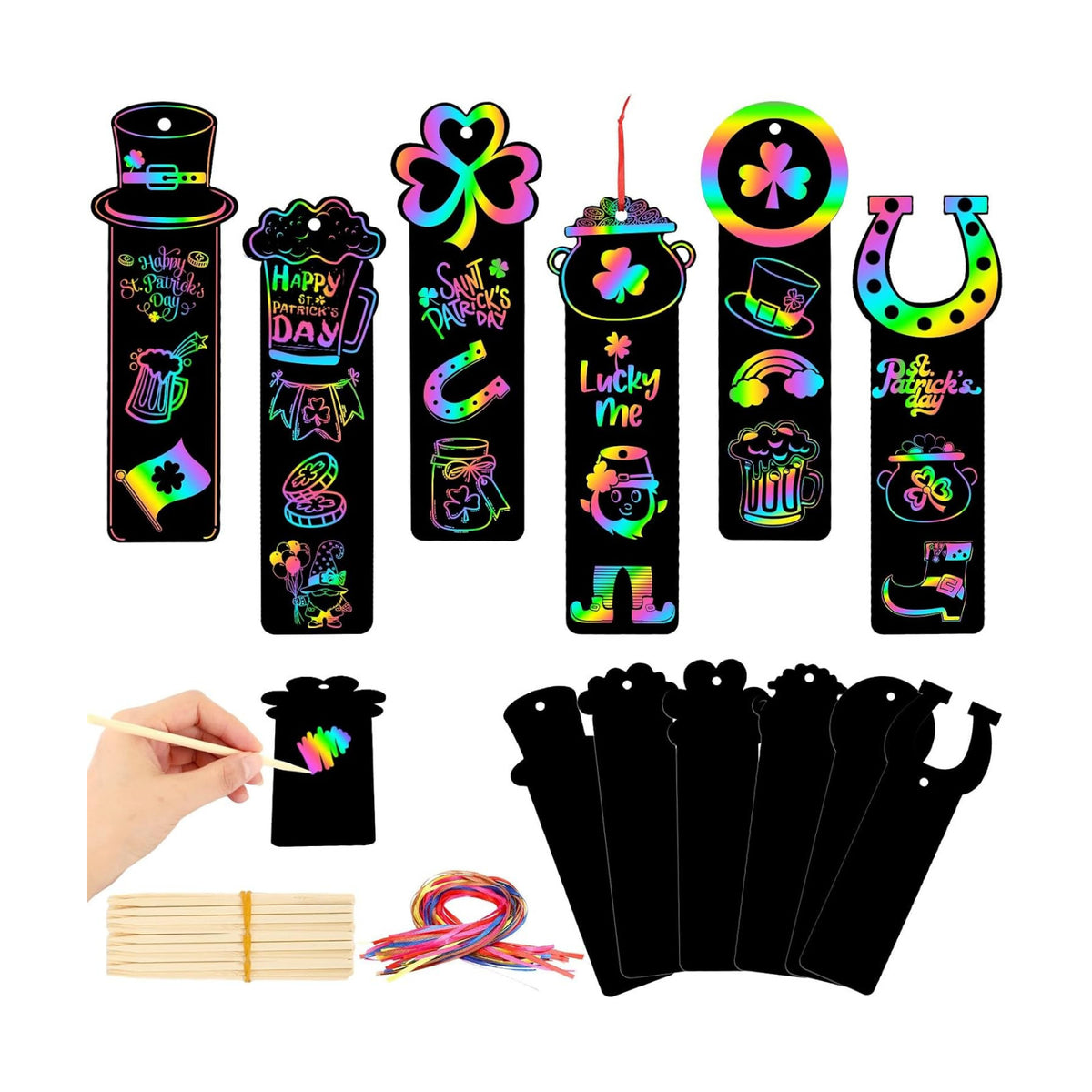 AUGSUN 96Pcs St Patricks Day Scratch Art Bookmarks Crafts for Kids