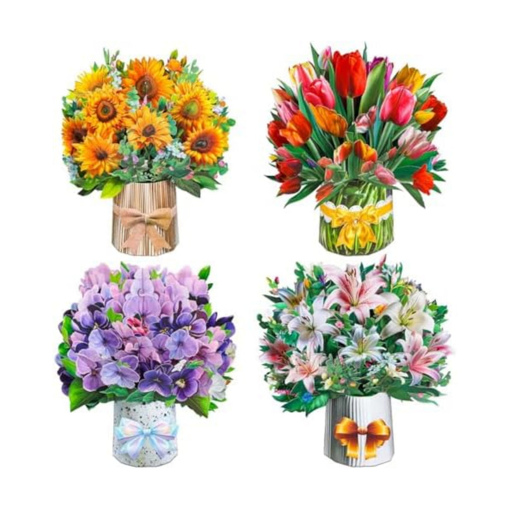 4Pack Paper Flower Cards, Pop Up Flower Bouquet Card Popup Greeting Cards for Mother's Day, Congratulations, Graduation, Anniversary, Birthday, Get Well, Home Decor, Ceramic Flower Vase Style