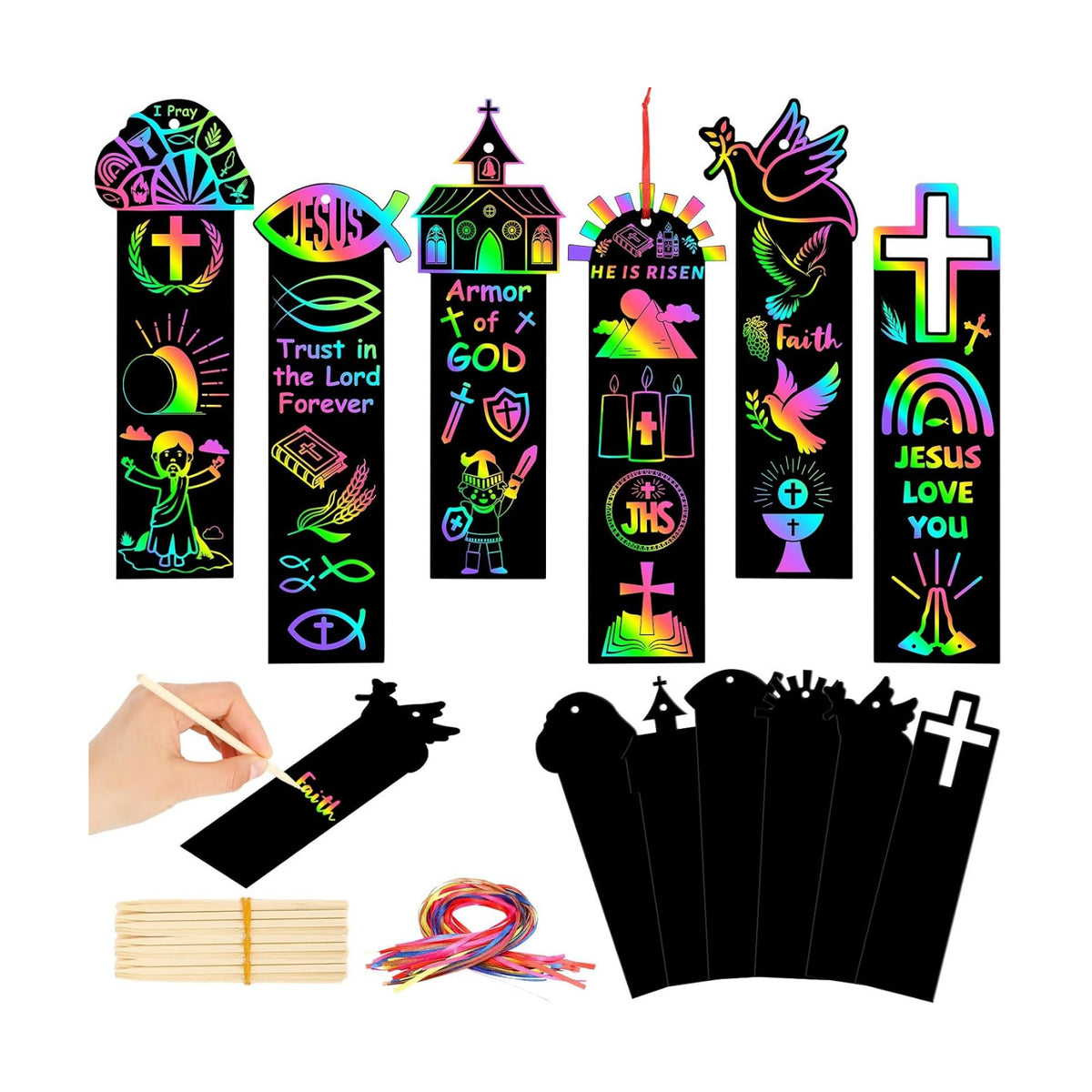 AUGSUN 96Pcs Religious Easter Scratch Bookmarks Christian Crafts for Kids