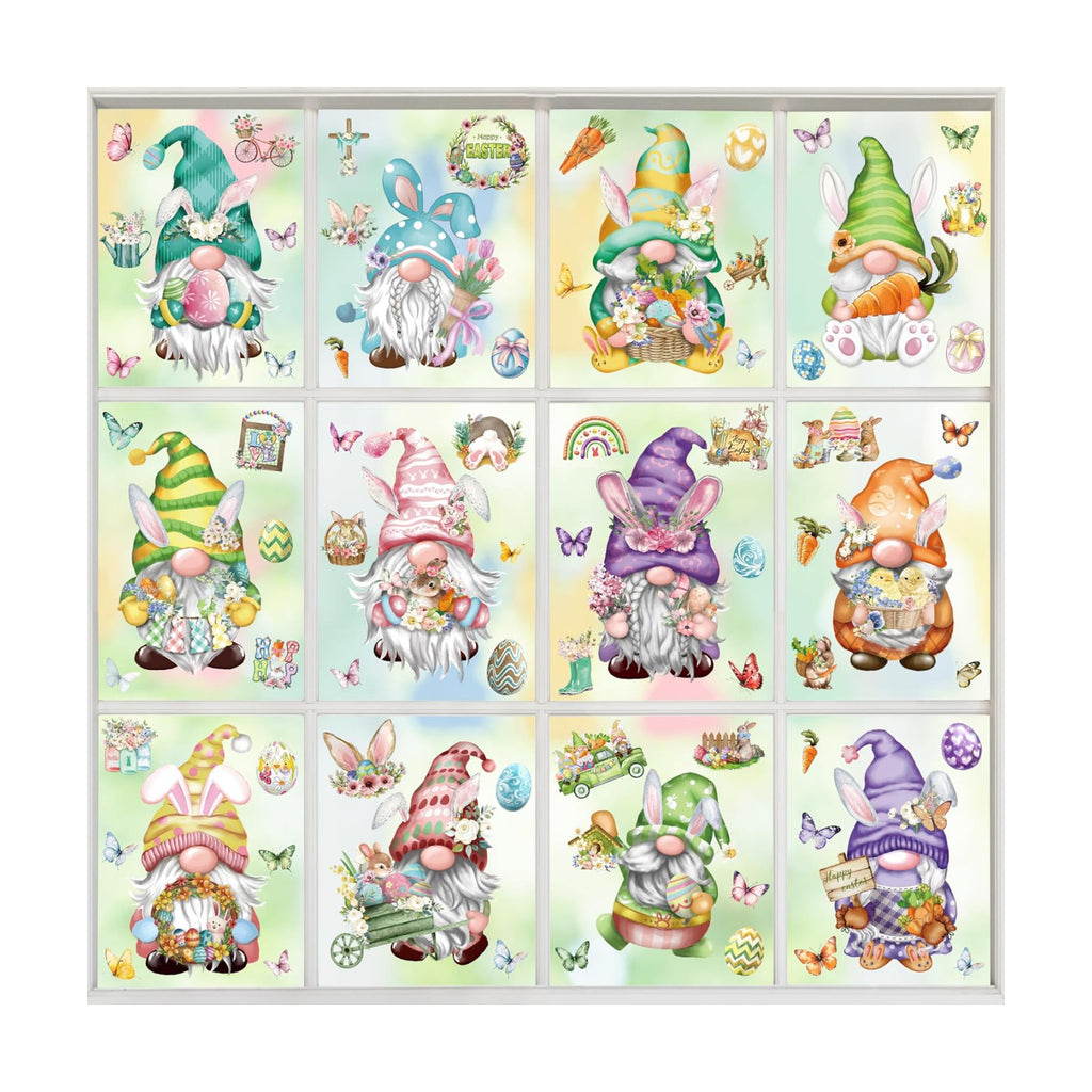 Easter Window Clings 12 Sheets, Spring Easter Gnome Window Decals Stickers