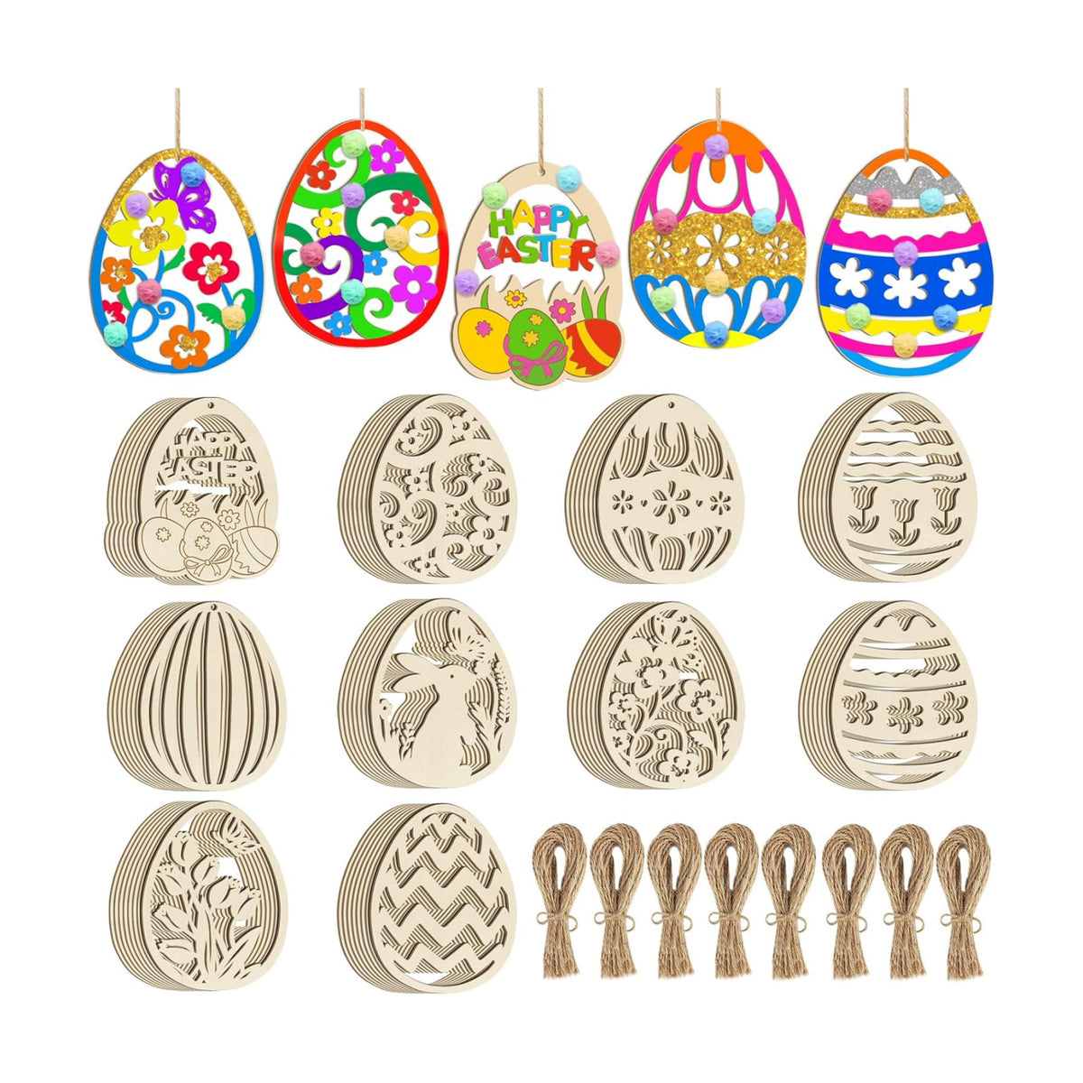 80PCS Wooden Easter Ornaments to Paint, 10 Styles DIY Blank Unfinished Wood Egg Cutouts Ornament for Crafts Hanging Decorations Happy Easter Hallow Egg Rabbit Bunny Butterfly Flower Hen