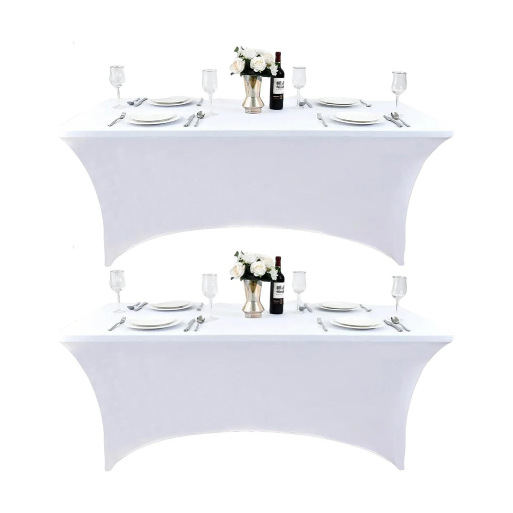 2-Pack 8ft White Spandex Table Covers for Rectangle Folding Tables - Washable Elastic Tablecloth - Ultimate Fitted Table Protector for Birthday Parties, Trade Shows, Banquet