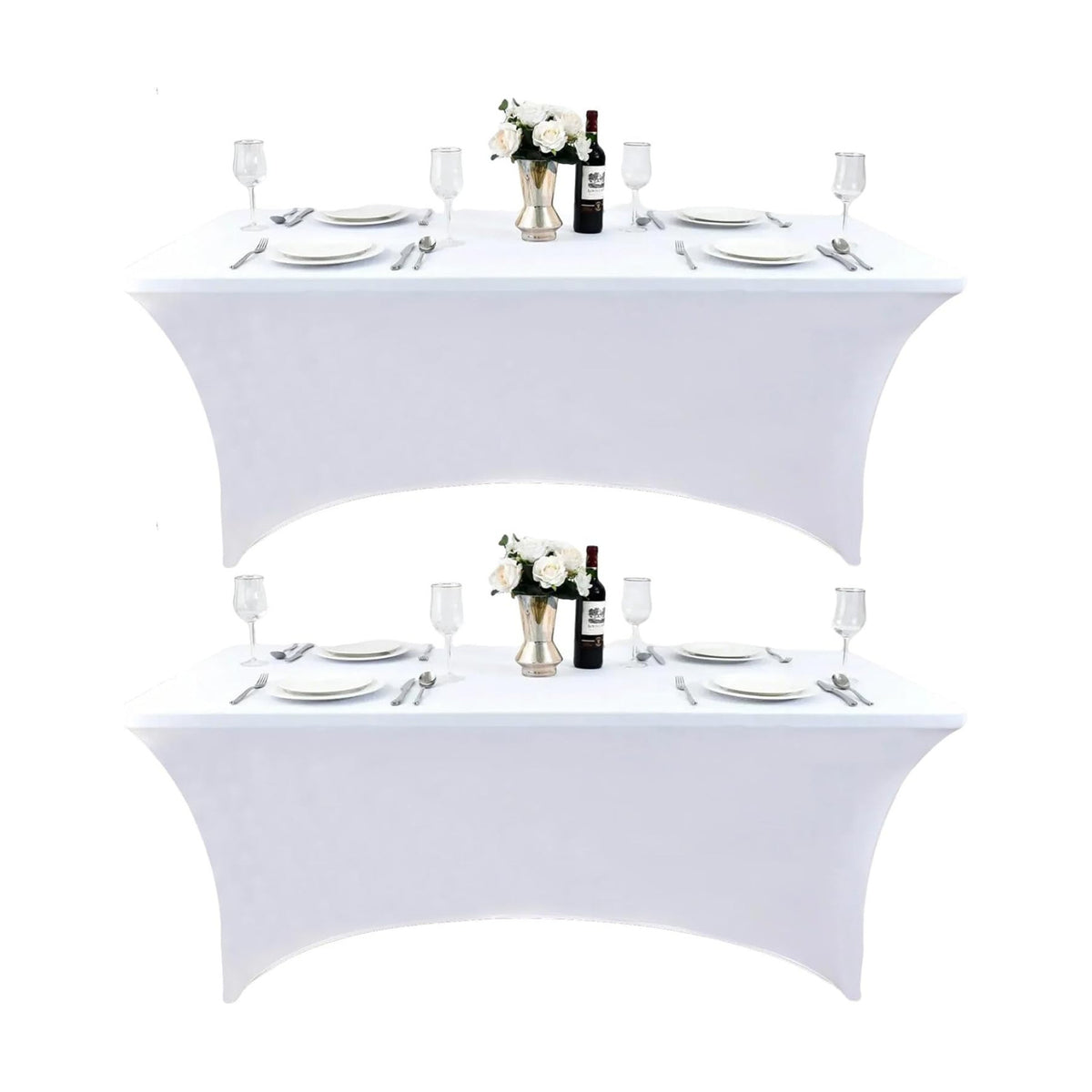 2-Pack 8ft White Spandex Table Covers for Rectangle Folding Tables - Washable Elastic Tablecloth - Ultimate Fitted Table Protector for Birthday Parties, Trade Shows, Banquet