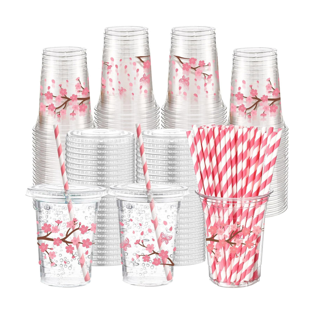 Funnymoom 50 Sets Pink Cherry Blossom Party Supplies Cherry Blossom Plastic Cups with Lids and Straws 16 oz Clear Floral Disposable Drinking Cups Bulk for Spring Birthday Baby Shower Party Supplies