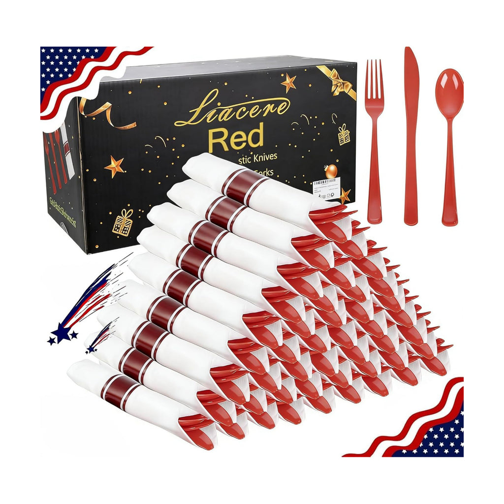 Liacere 400PCS Pre Rolled Red Silverware and Napkin - Disposable Red Plastic Utensils-Wrapped Plastic Cutlery Set with Napkin:100Forks,100Knives,100Spoons,100Napkins for Party & Independence Day