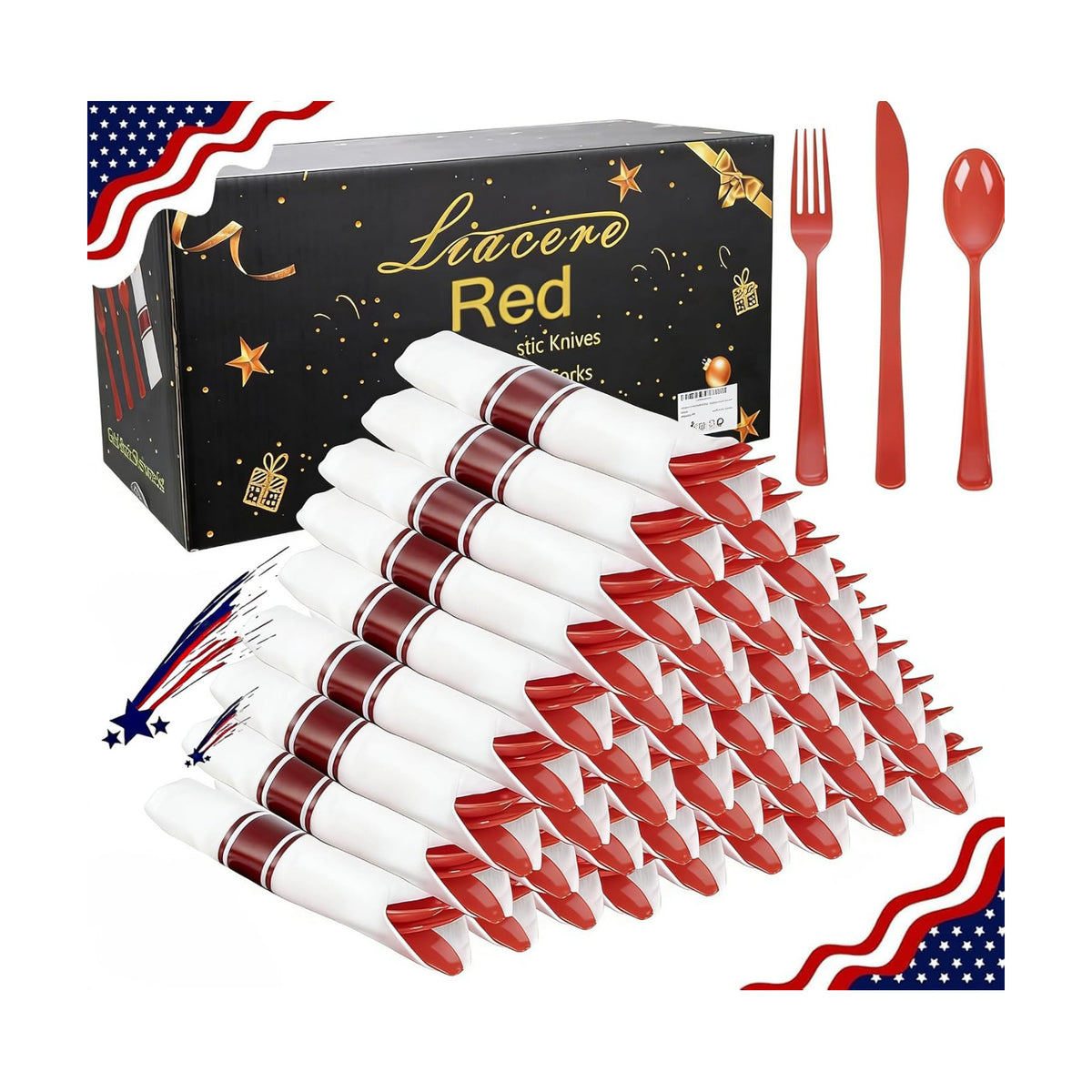 Liacere 400PCS Pre Rolled Red Silverware and Napkin - Disposable Red Plastic Utensils-Wrapped Plastic Cutlery Set with Napkin:100Forks,100Knives,100Spoons,100Napkins for Party & Independence Day