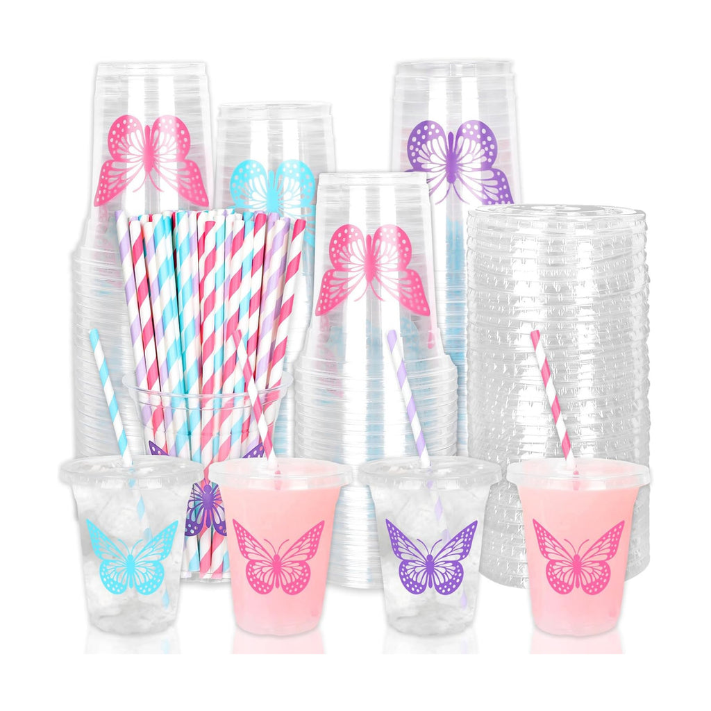 Whaline 60Pcs Butterfly Disposable Plastic Cups with Lids and Straws Pink Purple Blue Butterfly Cold Beverage Drinking Cups for Wedding Birthday Baby Shower