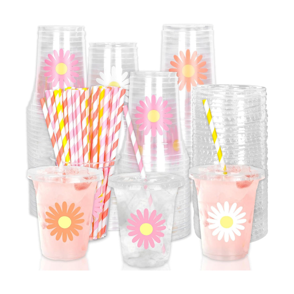 Whaline 60Pcs Daisy Disposable Plastic Cups with Lids and Straws White Pink Orange Daisy Flower Cold Beverage Drinking Cups for Wedding Birthday Baby Shower