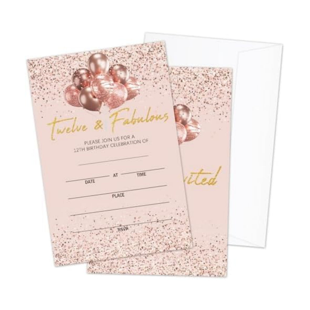12th Birthday Party Invitations with Envelopes, Rose Gold Twelve & Fabulous Birthday Party Invites, 20 Set Birthday Party Celebration Supplies & Favors - 03
