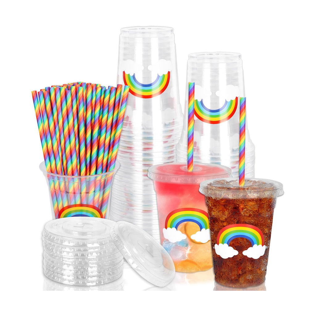 Whaline 50 Pcs 12 Oz Pastel Rainbow Disposable Plastic Cups with Lids and Straws Colorful Cold Beverage Drinking Cups for Birthday Baby Shower Party Supplies