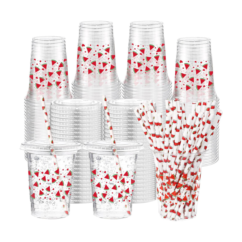 Funnymoom 50 Sets Watermelon Disposable Plastic Cups Bulk with Lids and Straws 16 oz Watermelon Clear Plastic Cups Red Fruit Cold Beverage Drinking Container for Baby Shower Birthday Party Supplies