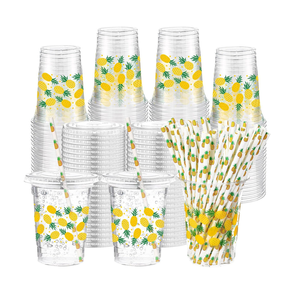 Funnymoom 50 Sets Pineapple Disposable Plastic Cups Bulk with Lids Straws 16 oz Hawaii Luau Clear Plastic Cups Yellow Fruit Themed Party Favors for Baby Shower Birthday Summer Tropical Party
