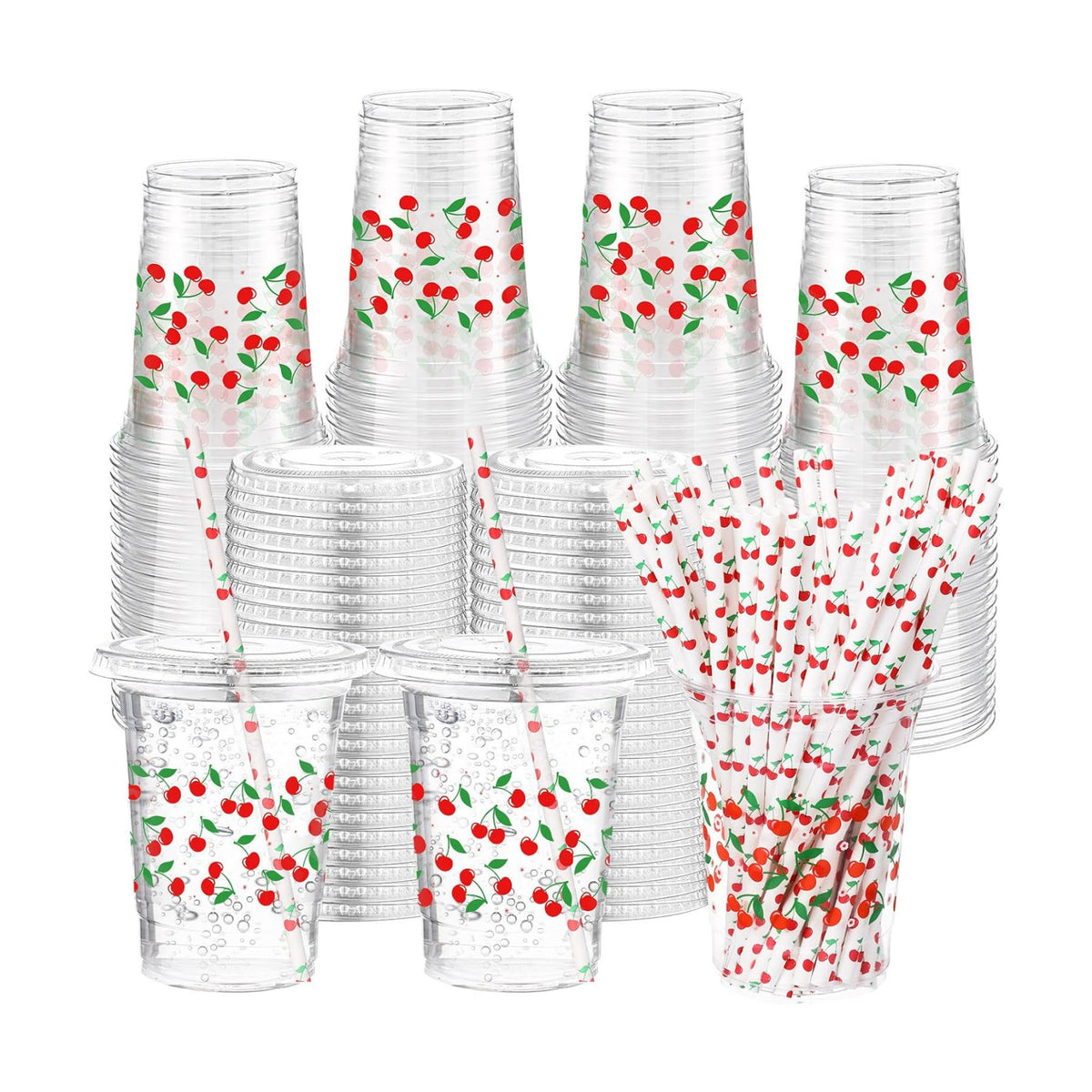 Funnymoom 50 Sets Cherry Disposable Plastic Cups Bulk with Lids Straws 16 oz Red Cherry Clear Plastic Cups Flower Cold Beverage Drinking Container for baby shower Birthday Daily Holiday Party Supplies
