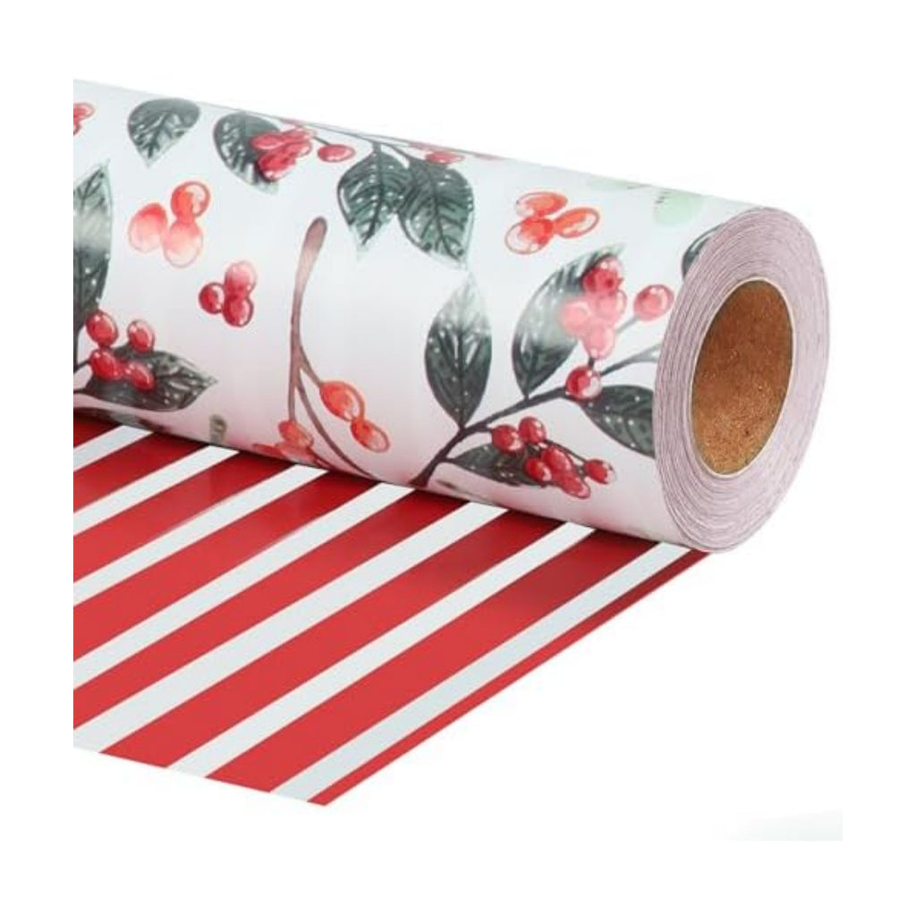 LaRibbons Reversible Christmas Wrapping Paper, Vintage Red Berries Stripe