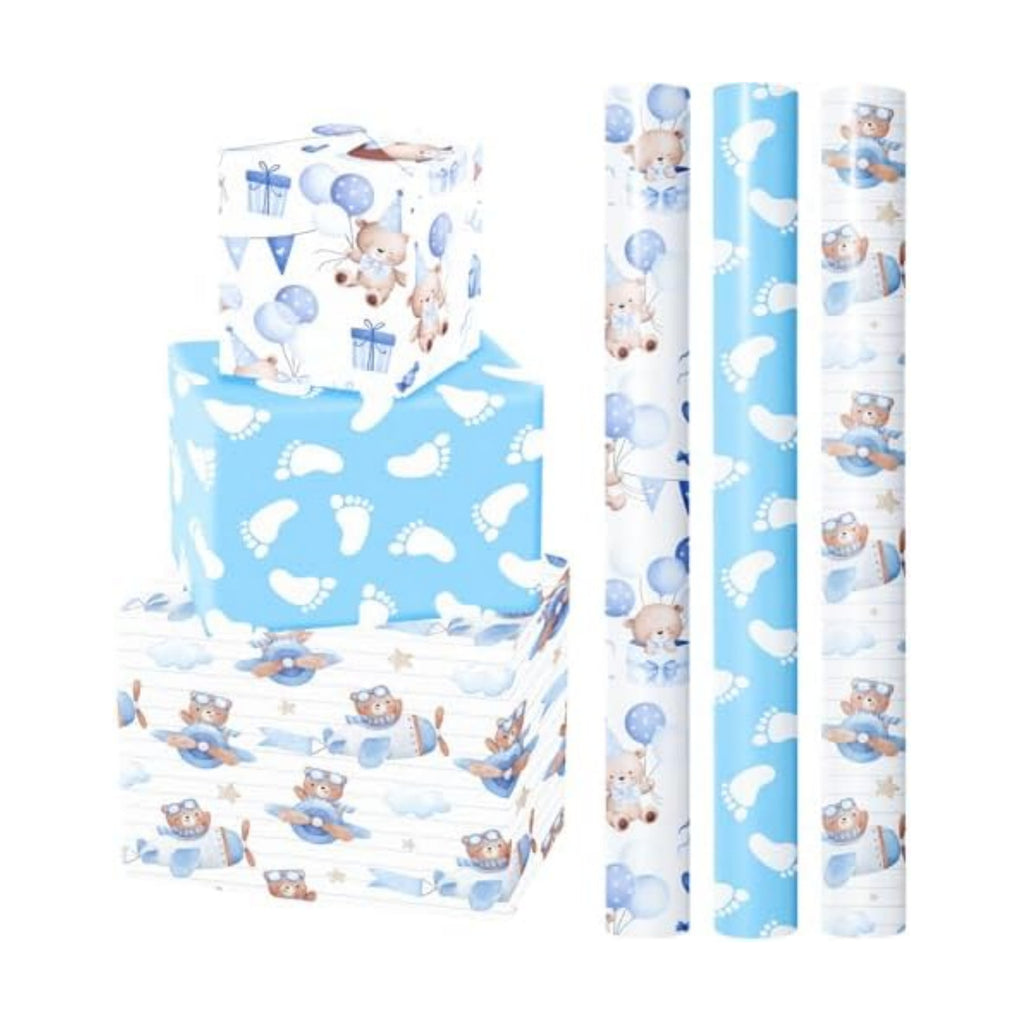 WRAPAHOLIC Bear Baby Shower Wrapping Paper - Mini Roll - 3 Rolls - 17 Inch x 120 Inch - Adventure Bear in Airplane and Party Design for Baby Shower, Boy Birthday