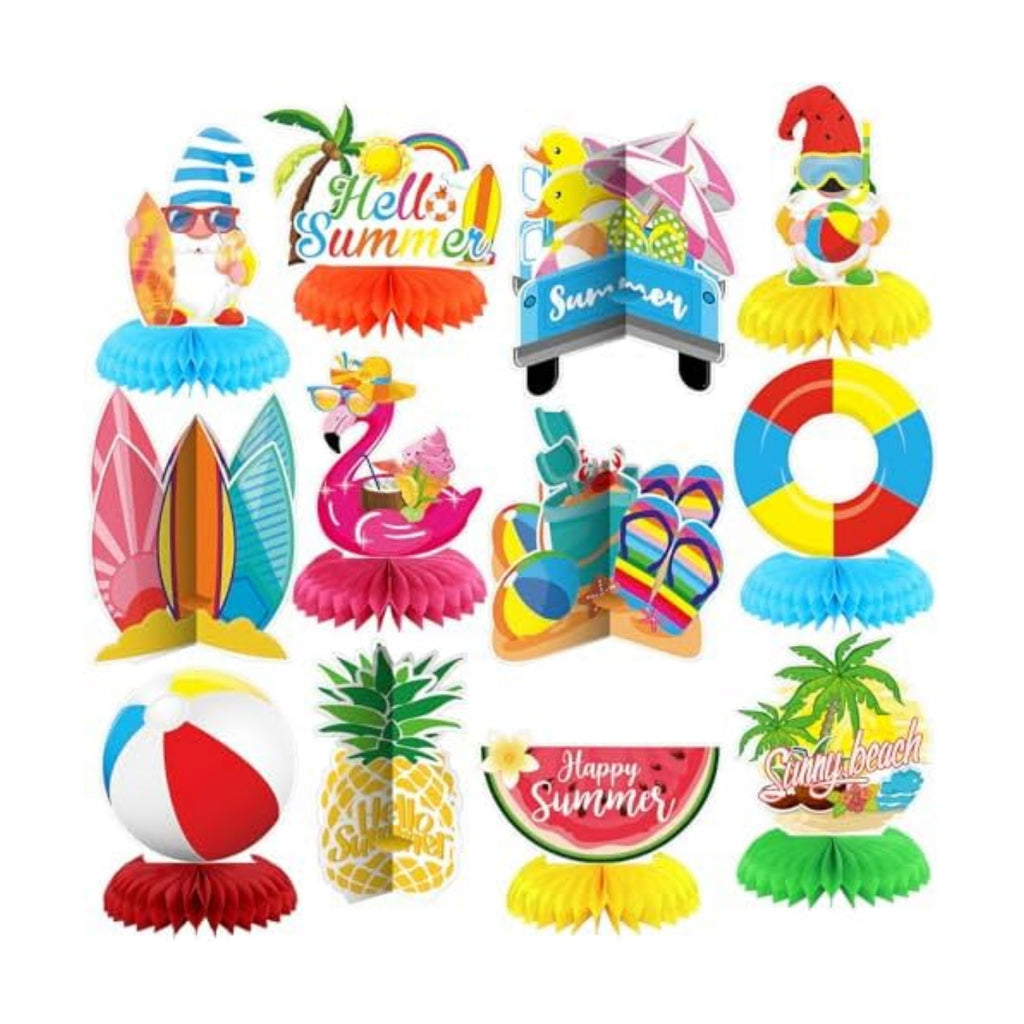 12 Pcs Summer Party Decorations Beach Honeycomb Centerpiece Summer Pool Table Topper Gnome Pineapple Flamingo Slipper Tropical Hawaii Table Centerpiece Decoration for Birthday Party Favor