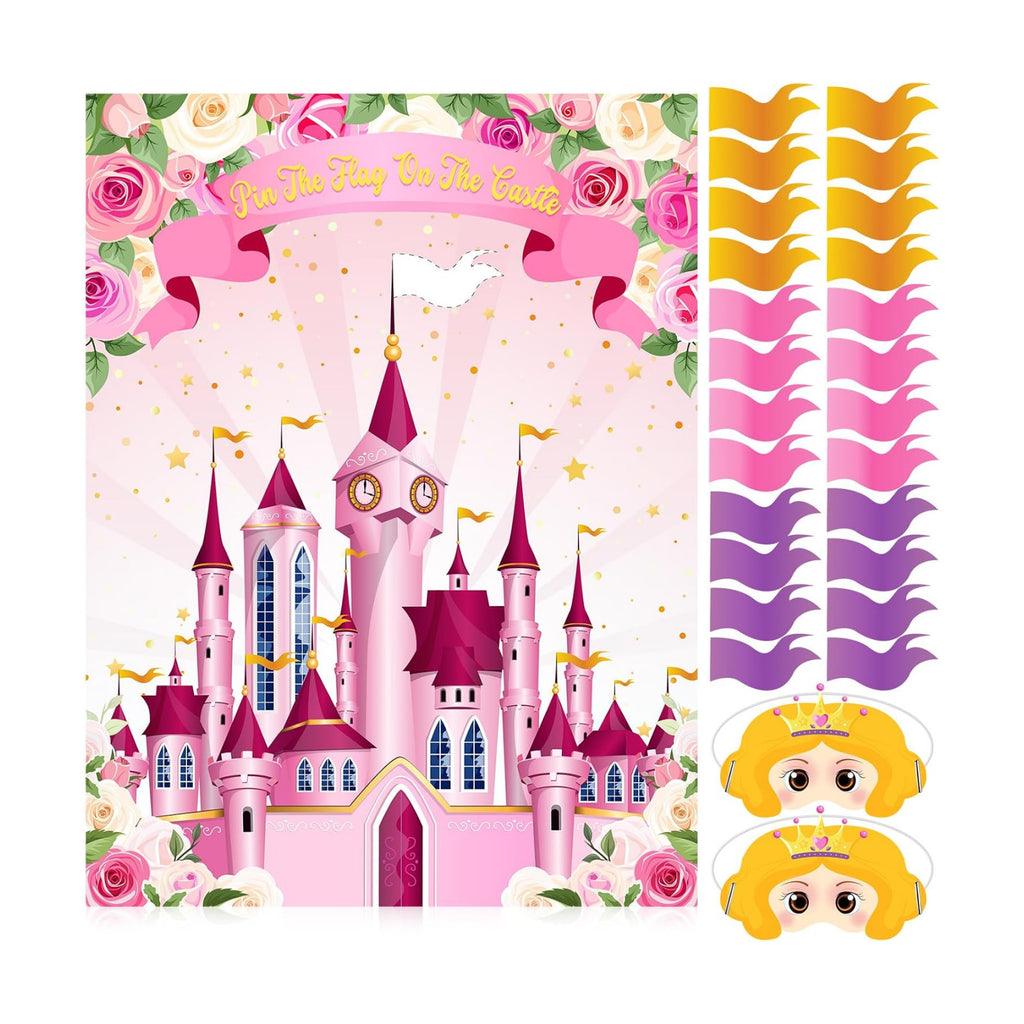 Faccito Princess Party Games Pin The Flag on The Castle Birthday Pin Games Set Include Pink Castle Poster 24 Flag Stickers 2 Blindfolds for Princess Birthday Tea Party Decorations Activities Supplies