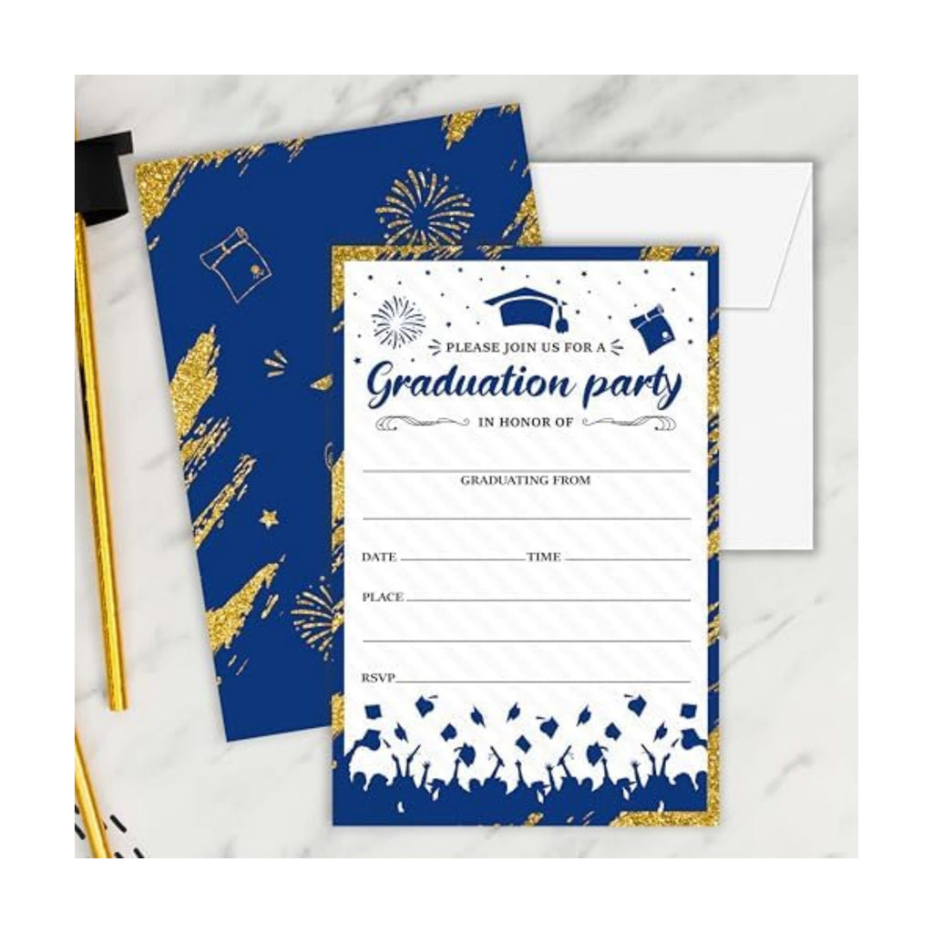 Graduation Invitations 2026, 25 Party Invitation Cards with Envelope, 4"x6" Blue Gold Grad Announcement Invites, Graduate Celebration Favor Supplies-A07