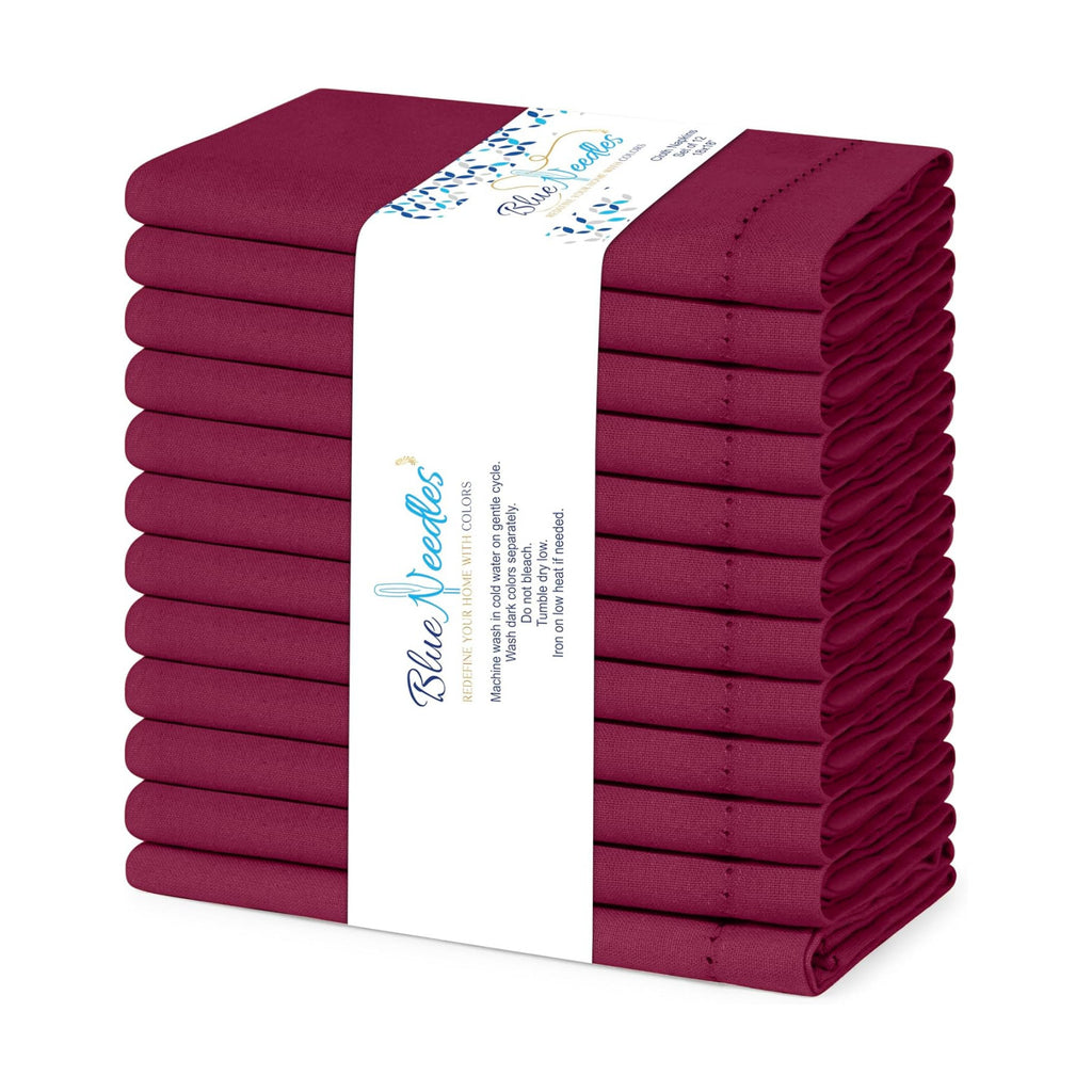 Blue Needles Set of 12 Hemstitch Linen Napkins 100% Cotton Burgundy Cloth Dinner Napkins 18x18 inches, Soft, Reusable, Absorbent, Washable, Ideal for Spring Summer Easter Event, Parties & Everyday Use