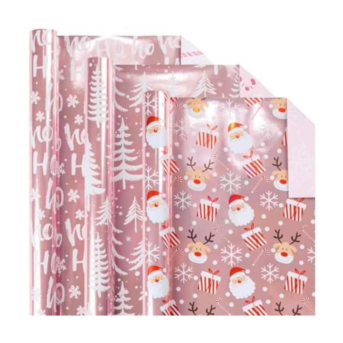 Burymento Christmas Wrapping Paper, Reversible Pink Christmas Tree, HO Santa Laughter, Snowflake, Reindeer, Design Gift Wrapping Paper Suitable for Holiday, Mini Roll (17 Inch X 120 Inch)