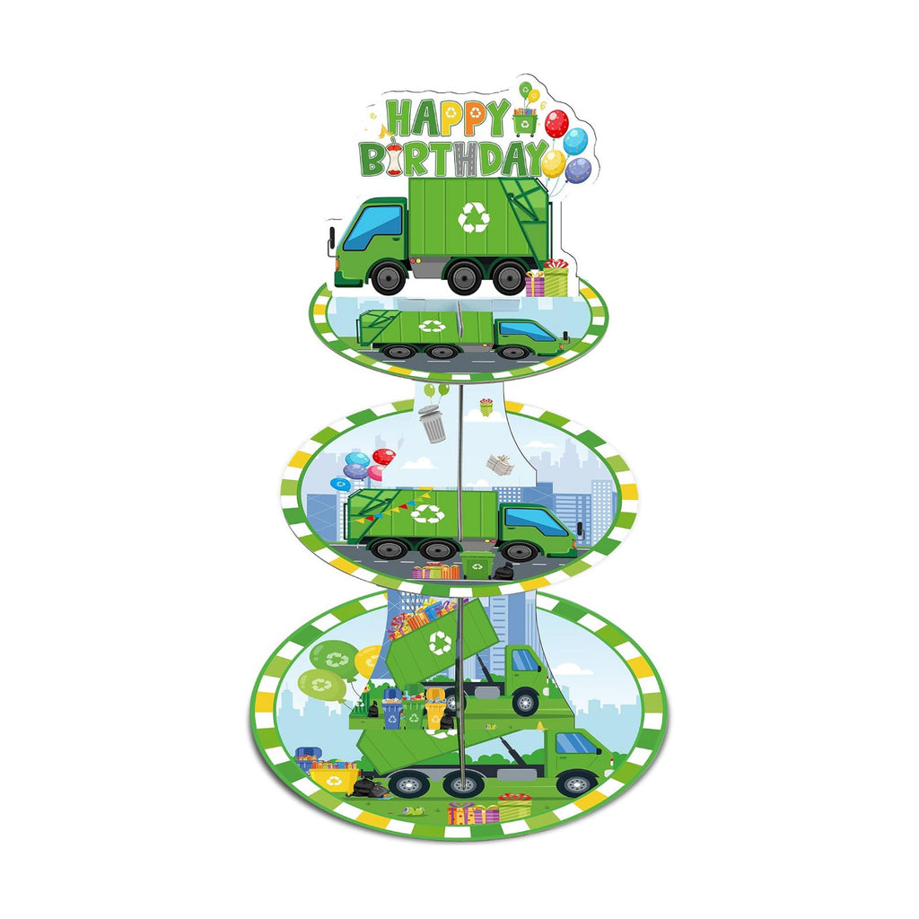 Keluna Trash Truck Birthday Decorations - 3 Tier Garbage Truck Cupcake Stand for Boys Birthday Party Table Decor, Trash Truck Party Supplies Dessert Cake Holder