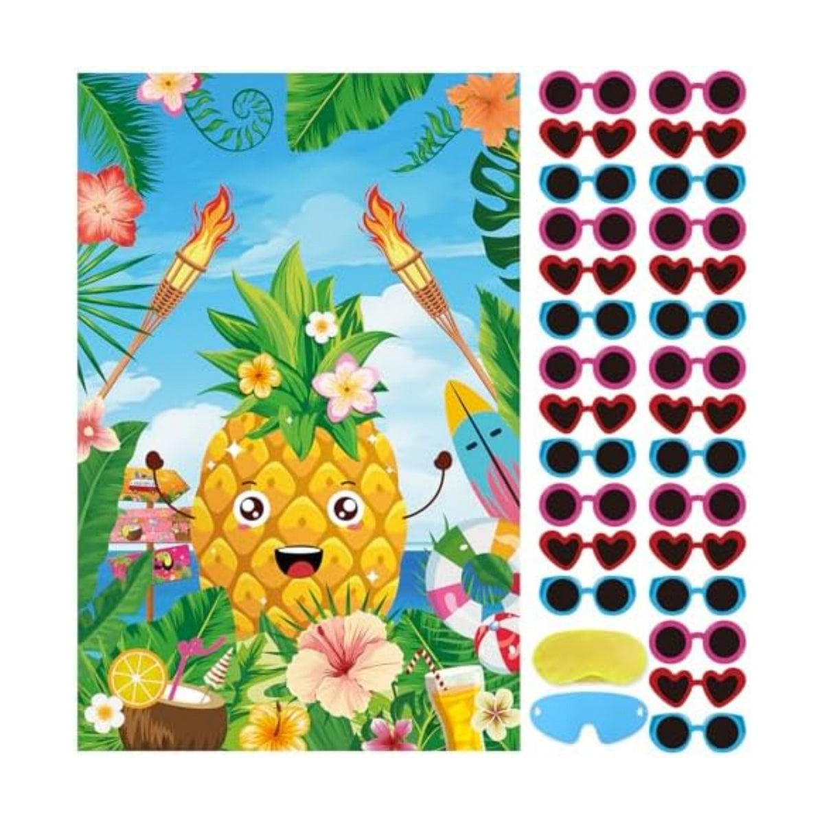 Hooqict Luau Party Game for Kids Pin the Sunglasses on the Pineapple for Summer Tropical Tiki Luau Party Supplies Decorations, Large Hawaiian Pin The Tail Game Poster with 27 Pineapple Stickers