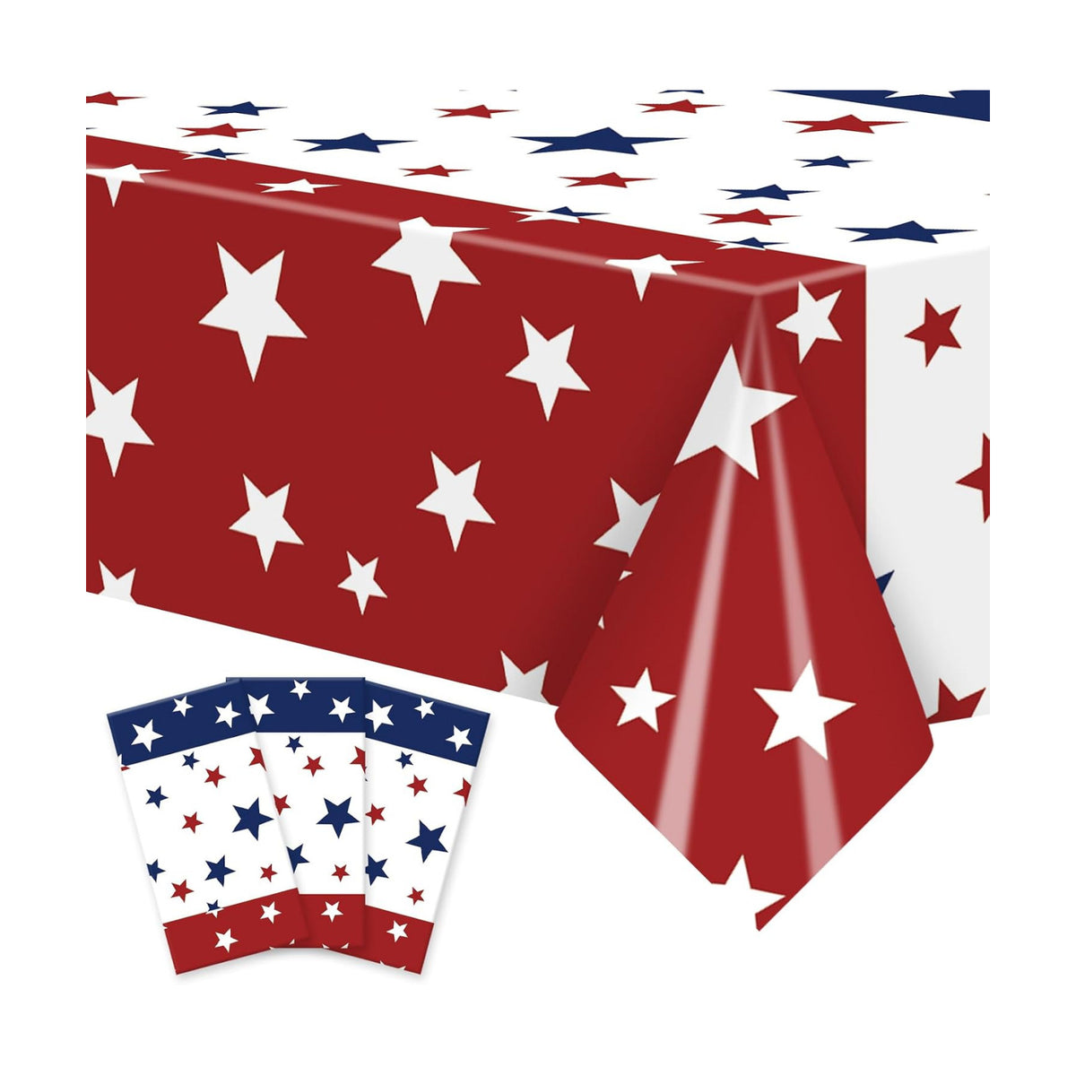 Gistome 3 Pack 54 x 108 Inch 4th of July Plastic Tablecloths, Red White Blue Stars Disposable Rectangle Table Covers for Independence Day Memorial Day Party Decorations
