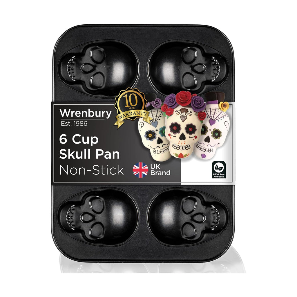 Wrenbury Large Skull Baking Pan - 6 Cup Metal Muffin Tin for Pizza Cupcakes