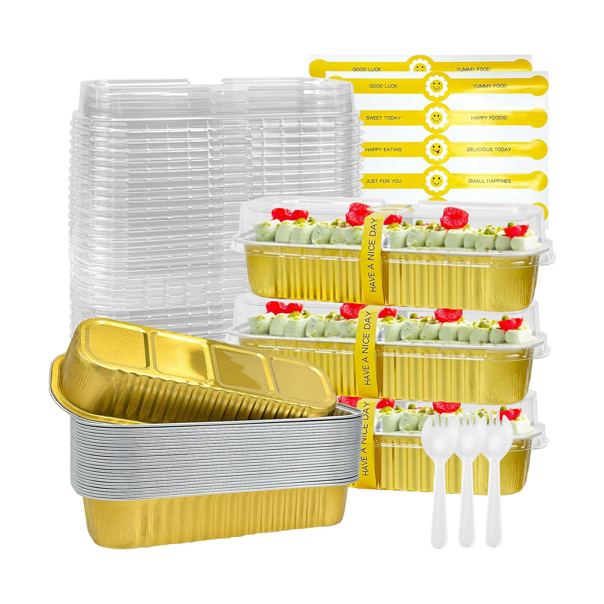 200Pack Gold Mini Cake Pans Disposable Mini Loaf Pans with Lids and Spoons and Stickers, 6.8Oz Aluminum Foil Pans Tins, Individual Dessert Cups Containers for Sales,Party,Picnics