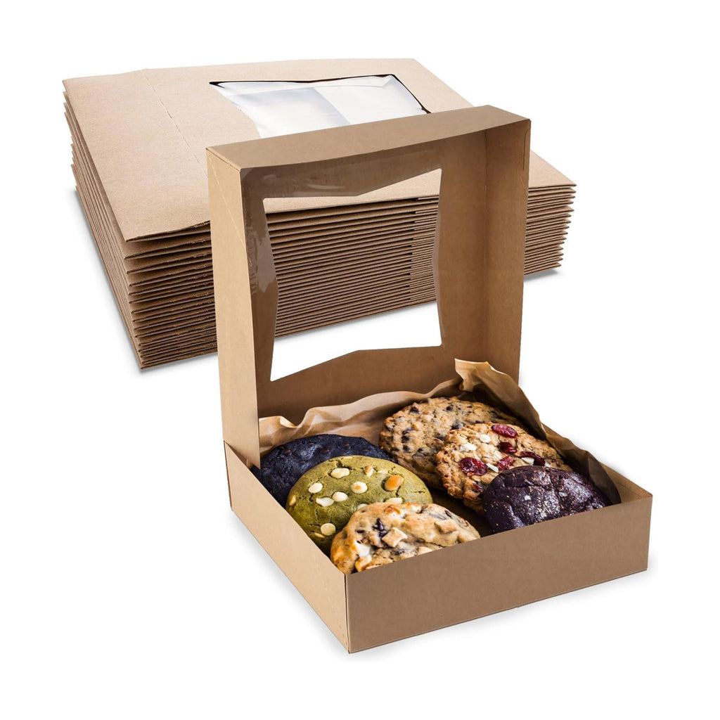 MT Products Kraft Cookie Boxes 8" x 8" x 2.5" - Auto Pop-Up Bakery Boxes with Window (Pack of 200) - Made in USA