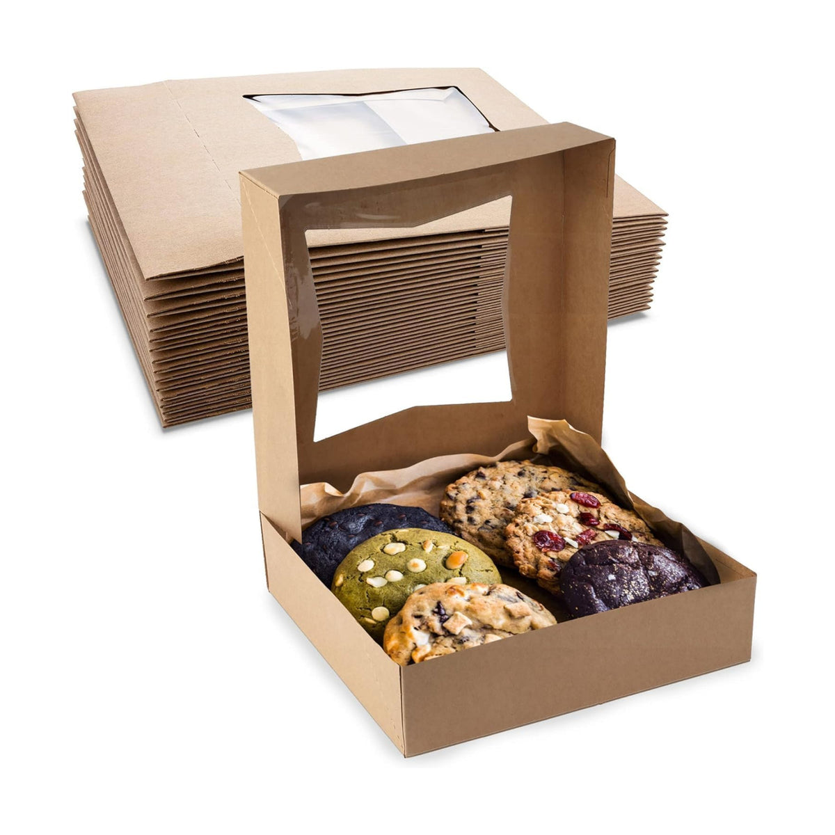 MT Products Kraft Cookie Boxes 8" x 8" x 2.5" - Auto Pop-Up Bakery Boxes with Window (Pack of 200) - Made in USA